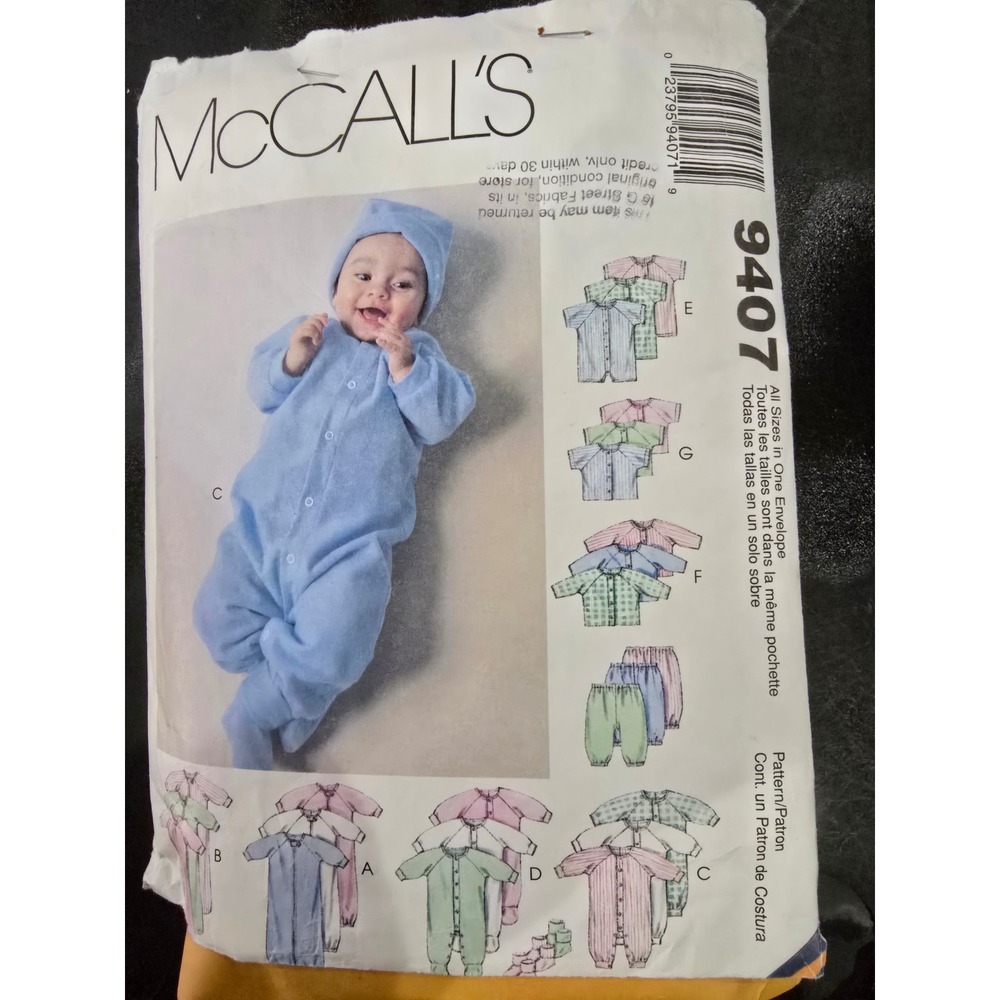 McCall's 9407 Infants Preemie Layette Sewing Pattern Gowns Rompers top Pants Cap